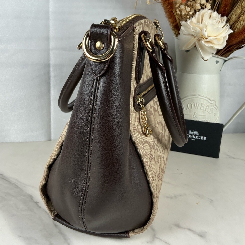 Coach Elise hand Crossbody Bag Brown Tan Signature Jacquard Satchel Fall Purse - Picture 5 of 10